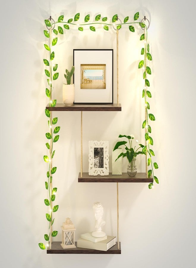 MASHDE Hanging Shelves for Wall, 3 Tier Boho Wall Decor Hanging Shelf with Vine Lights, Rope Rustic Wood Floating Shelves Floral Plant Decor for Bedroom Living Room Dorm Office Women - Image 1